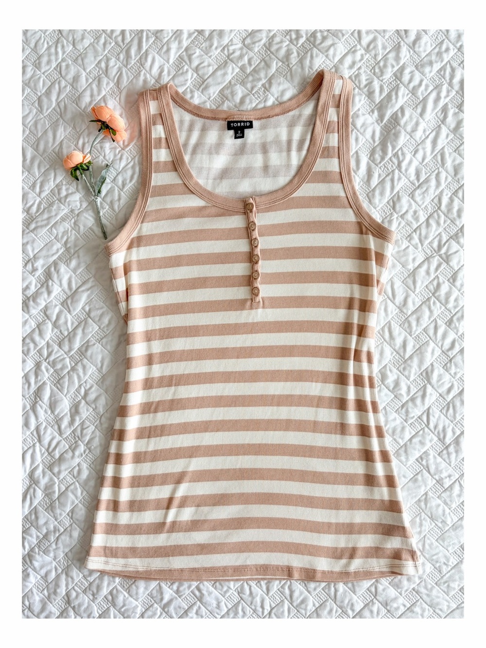 Torrid Beige White Striped Ribbed Henley Tank Top Size 2